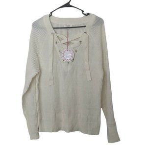 Umgee Woman's Sweater Large Cream Criss Cross Laced Tie Front NEW With Tags